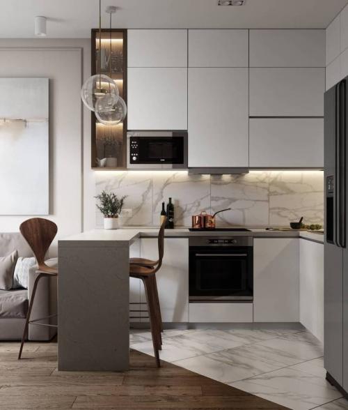 Кухни 2023 угловые. Угловая кухня 2023: фото дизайна интерьера маленькой угловой кухни в современном стиле, с гарнитуром, холодильником и спальным местом